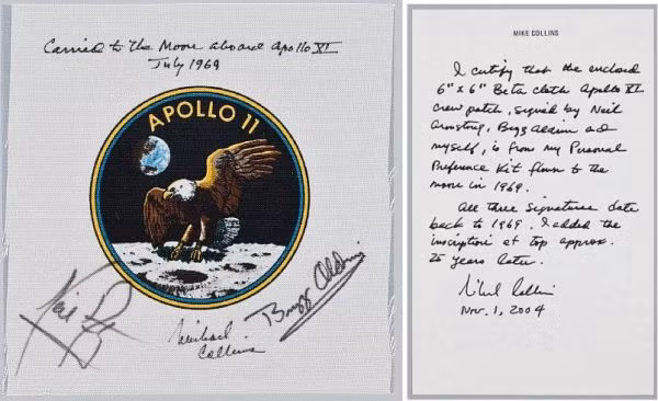 5. Tấm bưu thiếp tàu Apollo 11 Giá dự kiến: 60 - 80 nghìn USD (1,3 - 1,7 tỷ đồng) Giá bán: 95 nghìn USD (2 tỷ đồng)Tấm bưu thiếp làm từ vải Beta ghi chữ ký của ba phi hành đoàn Apollo 11 gồm: Neil Armstrong, Michael Collins và Buzz Aldrin ký trước khi thực hiện chuyến thám hiểm Mặt trăng đầu tiên vào tháng 7/1969. 5. Tấm bưu thiếp tàu Apollo 11 Giá dự kiến: 60 - 80 nghìn USD (1,3 - 1,7 tỷ đồng) Giá bán: 95 nghìn USD (2 tỷ đồng)Tấm bưu thiếp làm từ vải Beta ghi chữ ký của ba phi hành đoàn Apollo 11 gồm: Neil Armstrong, Michael Collins và Buzz Aldrin ký trước khi thực hiện chuyến thám hiểm Mặt trăng đầu tiên vào tháng 7/1969.