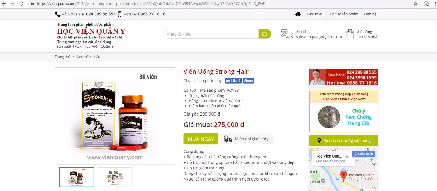 Ảnh chụp quảng cáo thực phẩm bảo vệ sức khỏe Stronghair trên website: https://vienquany.com