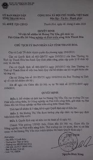 Quyết định bổ nhiệm bà Hoàng Thị Yến, từ Chi cục Trưởng chi cục Phát triển nông thôn lên giữ chức Phó giám đốc Sở.