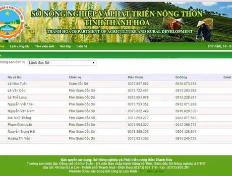Danh sách lãnh đạo Sở Nông nghiệp Thanh Hóa gồm Giám đốc và 8 Phó Giám đốc trên website Sở này ngày 14/7/2016. Ảnh chụp màn hình