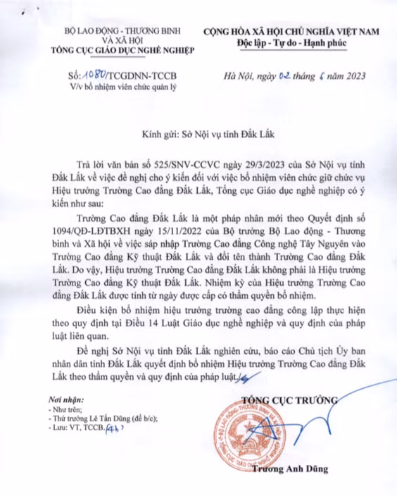 Công văn nêu ý kiến trả lời về bổ nhiệm viên chức quản lý tại Trường Cao đẳng Đắk Lắk của Tổng cục Giáo dục nghề nghiệp. Ảnh: CTV