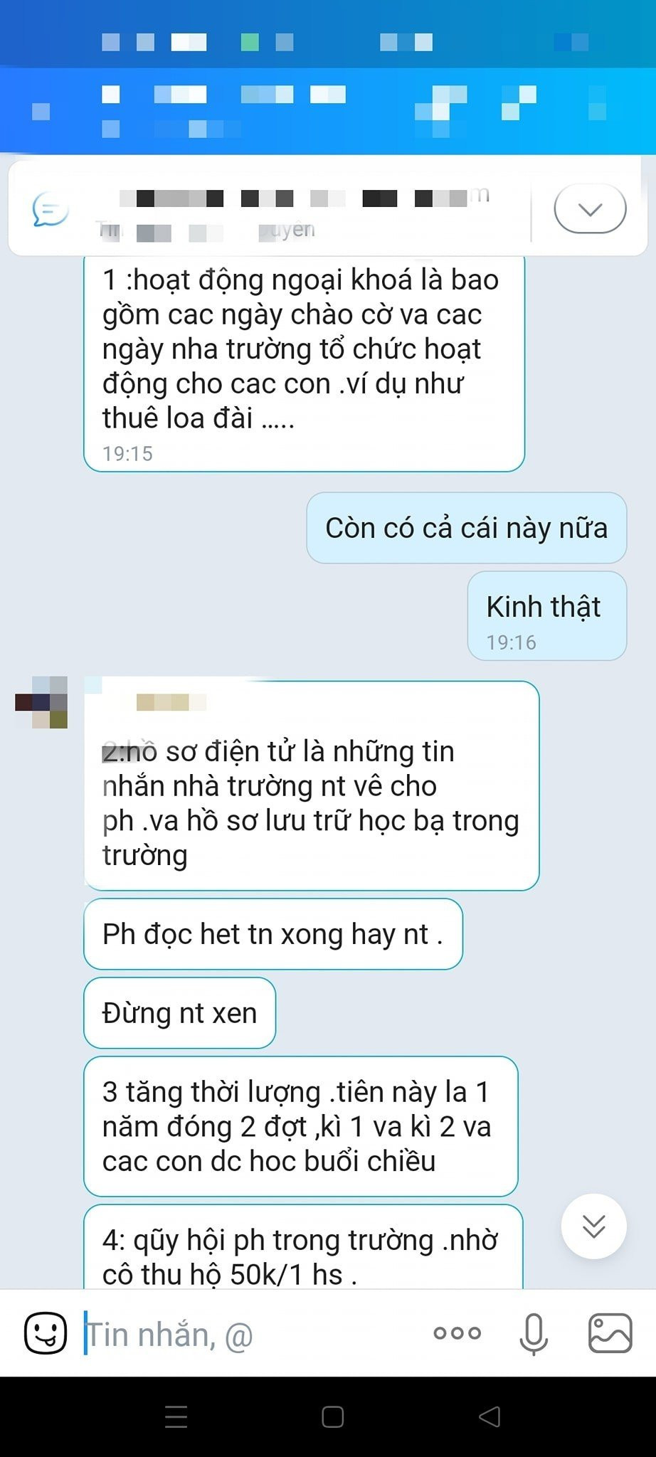 Giáo viên thông báo các khoản thu nêu ra việc đóng góp tiền cho hoạt động ngoại khoá, trong đó nhắc đến việc thuê loa đài cho hoạt động chào cờ. Ảnh: Phụ huynh cung cấp