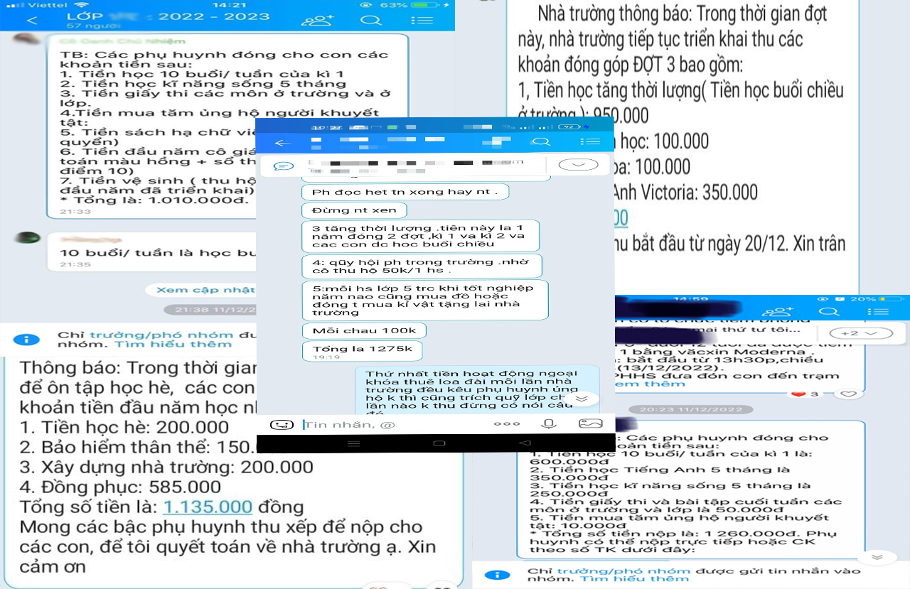 Những lần thông báo đóng tiền từ giáo viên chủ nhiệm. Ảnh: Phụ huynh cung cấp