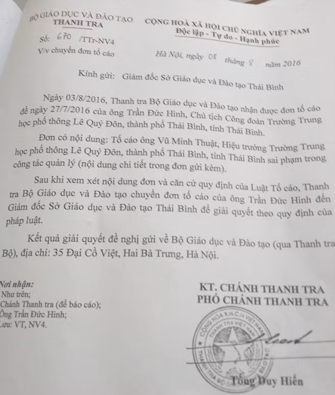 Mặc dù Thanh tra Bộ Giáo dục và Đào tạo đã ban hành 3 văn bản yêu cầu Giám đốc Sở Giáo dục và Đào tạo tỉnh Thái Bình xử lý vụ việc nhưng đến nay vẫn chưa có báo cáo kết quả giải quyết (ảnh MC) Mặc dù Thanh tra Bộ Giáo dục và Đào tạo đã ban hành 3 văn bản yêu cầu Giám đốc Sở Giáo dục và Đào tạo tỉnh Thái Bình xử lý vụ việc nhưng đến nay vẫn chưa có báo cáo kết quả giải quyết (ảnh MC)
