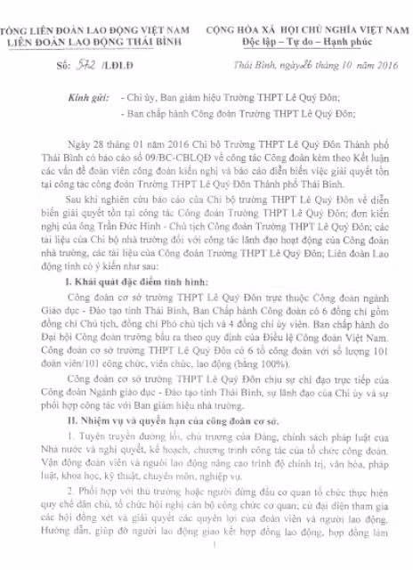 Kết luận số 572/LĐLĐ, ngày 26/10/2016 của Liên đoàn Lao động tỉnh Thái Bình cũng đã chỉ rõ một số sai phạm tại Trường Trung học phổ thông Lê Qúy Đôn (ảnh MC) Kết luận số 572/LĐLĐ, ngày 26/10/2016 của Liên đoàn Lao động tỉnh Thái Bình cũng đã chỉ rõ một số sai phạm tại Trường Trung học phổ thông Lê Qúy Đôn (ảnh MC)