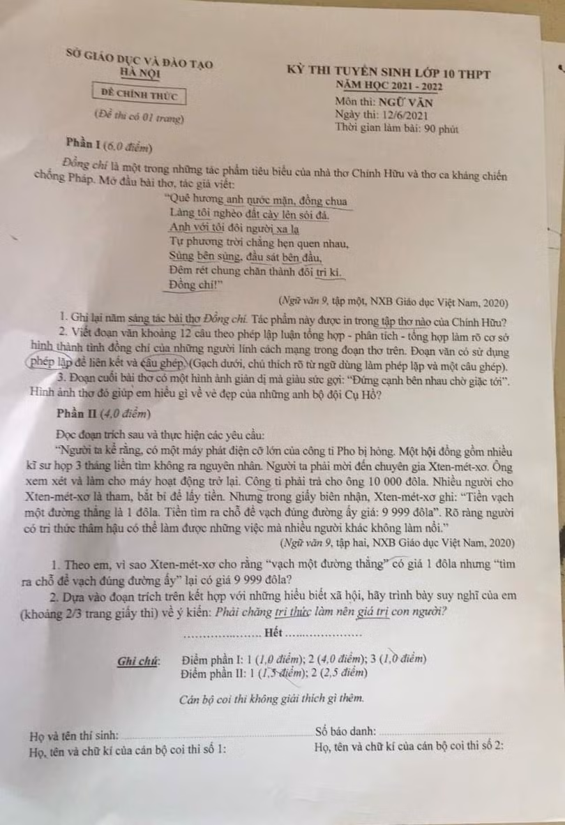 Đề thi môn Ngữ văn của kỳ thi tuyển sinh lớp 10 thành phố Hà Nội Đề thi môn Ngữ văn của kỳ thi tuyển sinh lớp 10 thành phố Hà Nội