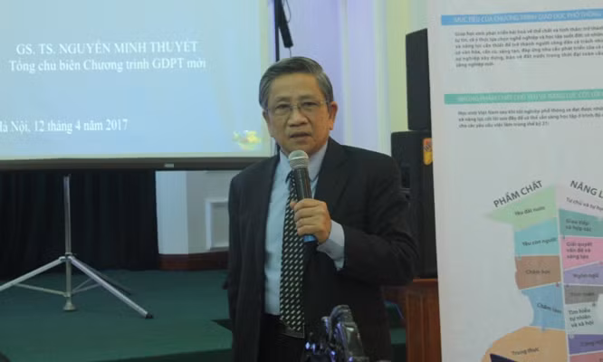 Giáo sư Nguyễn Minh Thuyết giới thiệu chân dung người học sinh mới trong chương trình giáo dục phổ thông tổng thể, trên cương vị Tổng chủ biên. Ảnh: VA / dangcongsan.vn. Giáo sư Nguyễn Minh Thuyết giới thiệu chân dung người học sinh mới trong chương trình giáo dục phổ thông tổng thể, trên cương vị Tổng chủ biên. Ảnh: VA / dangcongsan.vn.