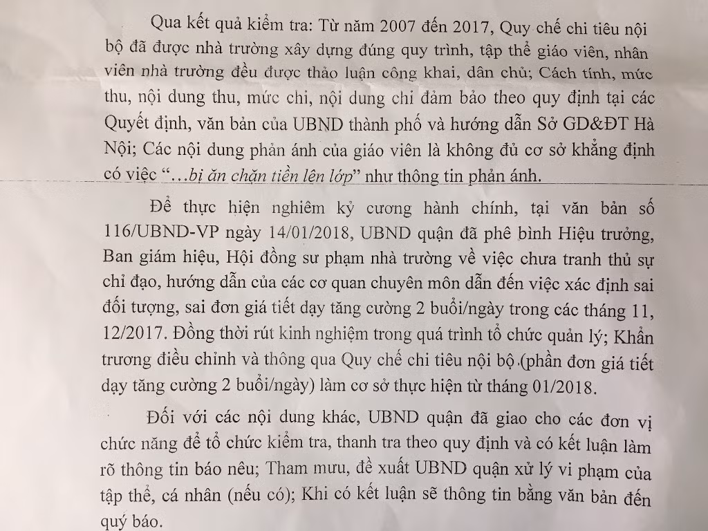 Văn bản trả lời của quận Ba Đình chỉ nói tháng 11/2017 và tháng 12/2017 Trường tiểu học Hoàng Hoa Thám áp dụng sai đối tượng, sai đơn giá là chưa thuyết phục. Bởi, nhiều năm qua giáo viên chỉ nhận một đơn giá là 34 ngàn đồng/tiết. Ảnh: V.P Văn bản trả lời của quận Ba Đình chỉ nói tháng 11/2017 và tháng 12/2017 Trường tiểu học Hoàng Hoa Thám áp dụng sai đối tượng, sai đơn giá là chưa thuyết phục. Bởi, nhiều năm qua giáo viên chỉ nhận một đơn giá là 34 ngàn đồng/tiết. Ảnh: V.P