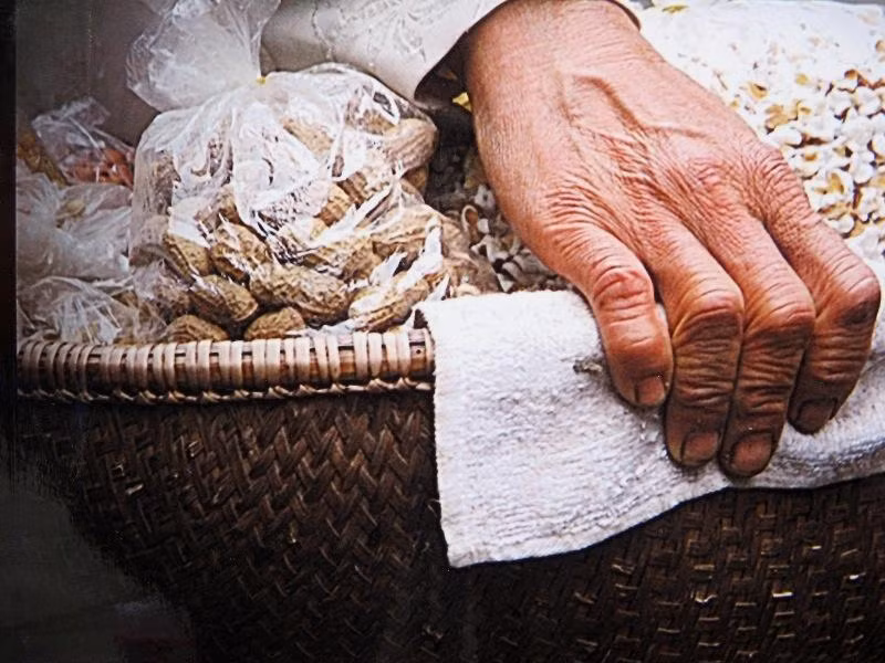Bàn tay chai sạm và chiếc rổ đựng đầy lạc của một người bán hàng rong khiến ai xem cũng cảm động.