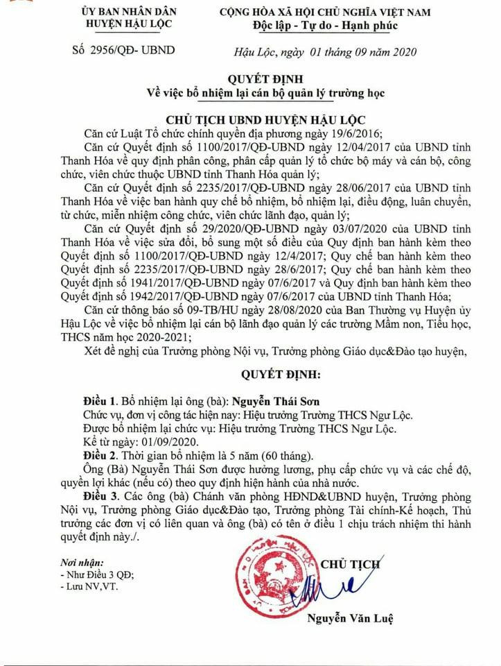 Quyết định bổ nhiệm lại đối với ông Nguyễn Thái Sơn được Ủy ban nhân dân tỉnh Thanh Hóa xác định là không đúng quy định. Ảnh chụp màn hình