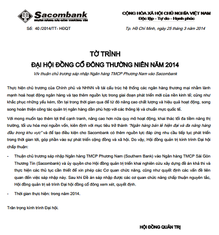 Sacombank công bố tờ trình xin sáp nhập với NH Phương Nam. Sacombank công bố tờ trình xin sáp nhập với NH Phương Nam.