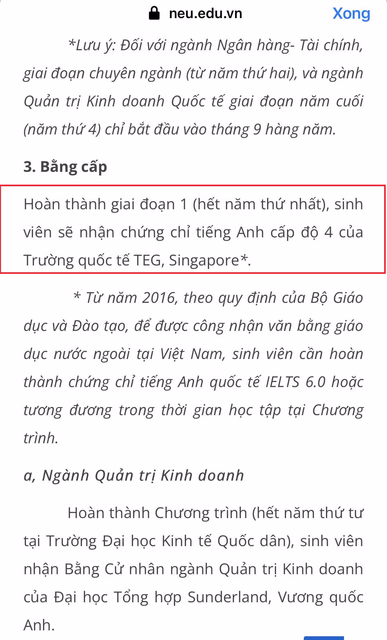 Theo thông báo tuyển sinh của nhà trường, các sinh viên học xong năm nhất sẽ được nhận chứng chỉ tiếng Anh cấp độ 4 của Trường quốc tế TEG, Singapore. Để hoàn thành chứng chỉ với 4 cấp độ này, sinh viên phải đóng học phí trên 50 triệu đồng (Ảnh: NVCC)