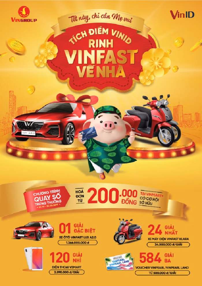 Nhiều giải thưởng giá trị như ô tô VinFast Lux 2.0, xe máy điện Klara, điện thoại Vsmart, voucher nghỉ dưỡng Vinpearl đang chờ khách hàng may mắn.