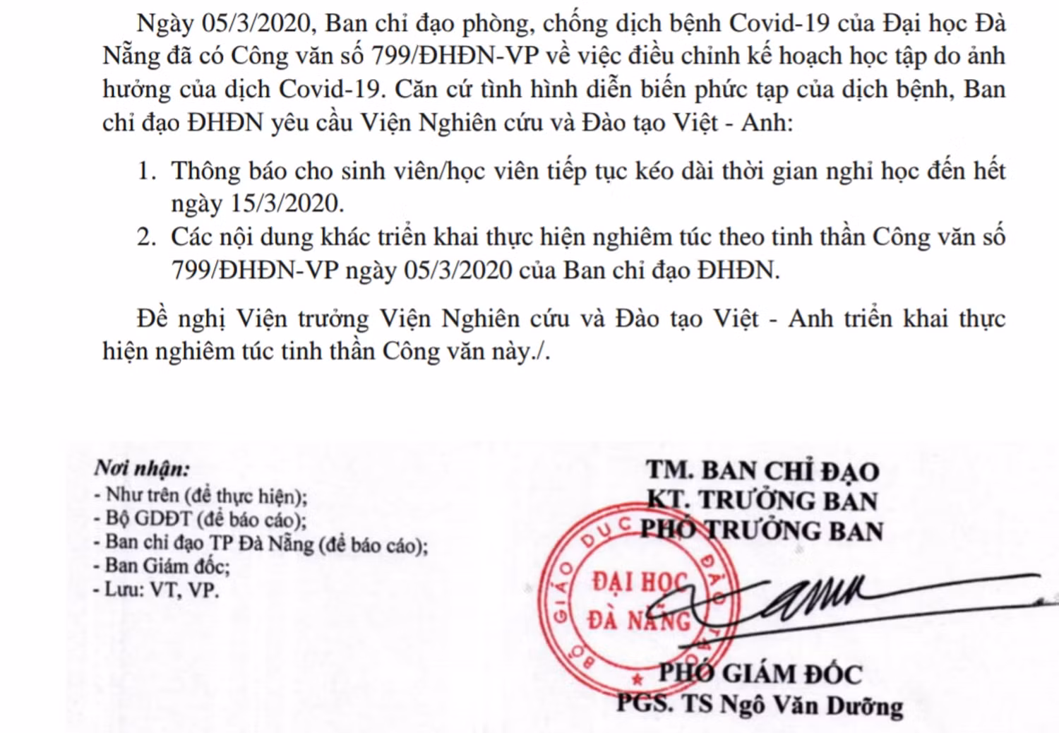 Công văn của Ban chỉ đạo phòng, chống dịch bệnh Covid-19 của Đại học Đà Nẵng yêu cầu Viện Nghiên cứu và Đào tạo Việt Anh tiếp tục cho sinh viên nghỉ học. Ảnh: AN
