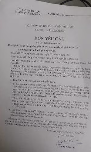 Đơn yêu cầu ngưng việc điều động, luân chuyển giáo viên của thầy Trương Ngọc Lợi (ảnh: P.L)