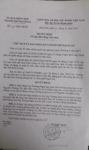 Quyết định chuyển công tác của thầy Lợi sang Trường Nguyễn Trãi làm giáo viên (ảnh: P.L)