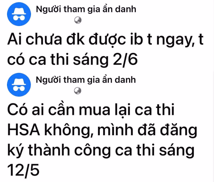 Từ các đợt thi đánh giá năng lực năm 2024, mạng xã hội đã rần rần các bài đăng của các cá nhân “mời gọi" mua ca thi. Nhiều thí sinh không tỉnh táo đã mất tiền oan vào đây. Ảnh chụp màn hình.