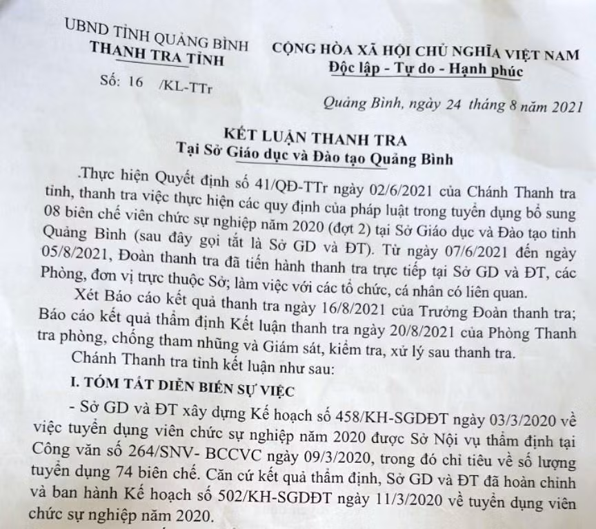 Tháng 8/2021, Thanh tra tỉnh Quảng Bình đã có kết luận về các sai phạm do ông Đinh Qúy Nhân, nguyên Giám đốc sở Giáo dục Quảng Bình trong việc ký 8 quyết định tuyển dụng. Ảnh: NP Tháng 8/2021, Thanh tra tỉnh Quảng Bình đã có kết luận về các sai phạm do ông Đinh Qúy Nhân, nguyên Giám đốc sở Giáo dục Quảng Bình trong việc ký 8 quyết định tuyển dụng. Ảnh: NP