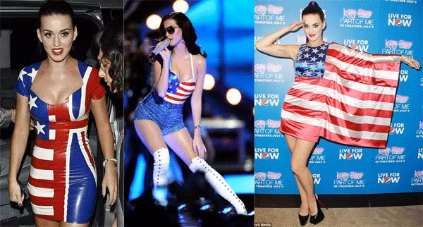 Katy Perry thể hiện sự yêu thích xu hướng này khi cô nàng thường xuyên xuất hiện với nhiều kiểu trang phục khác nhau đều in hình cờ Mỹ.