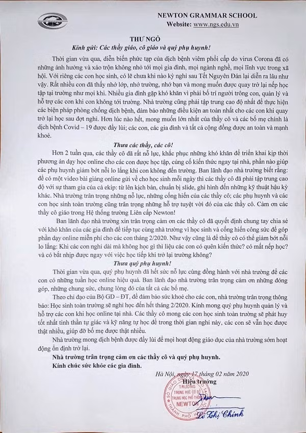 Ngày 17/2, Trường liên cấp Newton đã có thư ngỏ gửi thầy cô, phụ huynh. Ngày 17/2, Trường liên cấp Newton đã có thư ngỏ gửi thầy cô, phụ huynh.