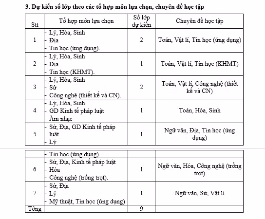 Dự kiến các tổ hợp môn tự chọn của trường THPT Xuyên Mộc - Ảnh chụp màn hình