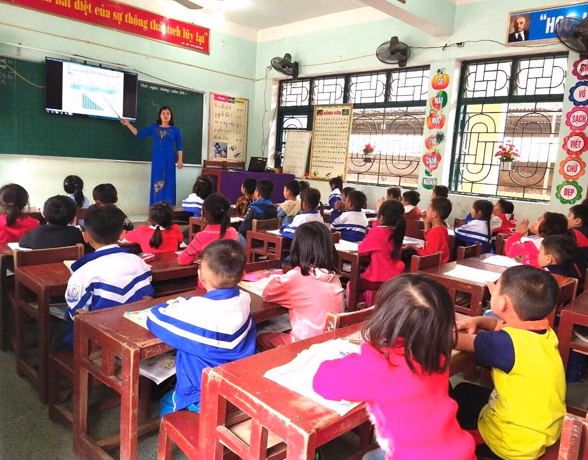 Một tiết học bằng màn hình lớn được đầu tư theo kế hoạch của chương trình giáo dục phổ thông mới. (Ảnh: Nhà trường cung cấp)