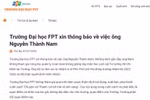 Trường Đại học FPT phát đi thông báo về việc ông Nguyễn Thành Nam