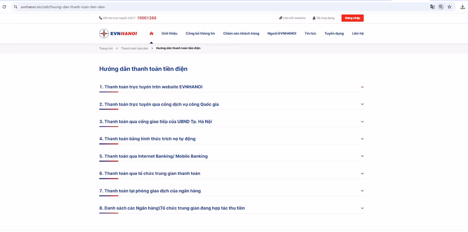 Hiện nay đã có nhiều phương thức thanh toán tiền điện. Ảnh chụp màn hình trên website evnhanoi.