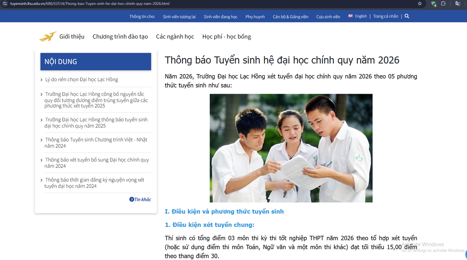 Phóng viên không tìm thấy văn bản "Thông tin tuyển sinh năm 2026" theo mẫu quy định tại phụ lục ban hành kèm Quy chế tuyển sinh trên website của Trường Đại học Lạc Hồng. Thay vào đó, website đăng tải bài viết có tiêu đề "Thông báo tuyển sinh đại học chính quy năm 2026". Ảnh chụp màn hình