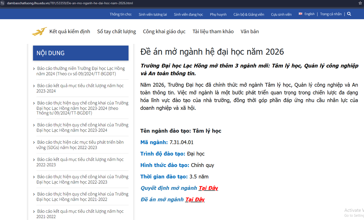 Trường Đại học Lạc Hồng công khai đề án mở 3 ngành mới. Ảnh chụp màn hình