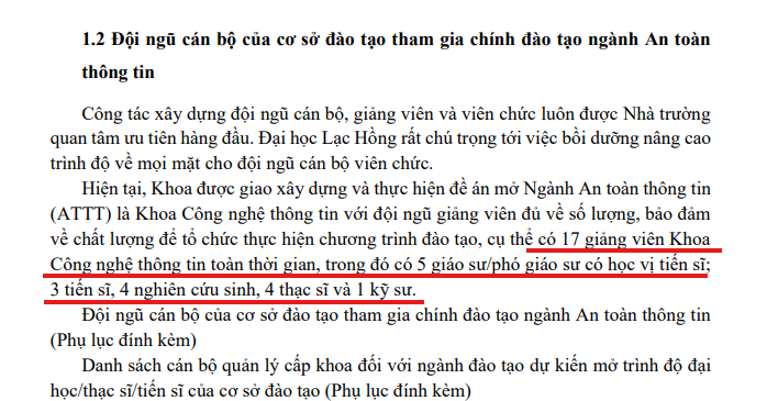 Theo Đề án mở ngành "An toàn thông tin" nhà trường công khai trên website, đề án chỉ thể hiện số lượng giảng viên; danh sách cụ thể được chú thích công khai tại phụ lục nhưng phóng viên không tìm thấy phụ lục này trong hồ sơ công khai.