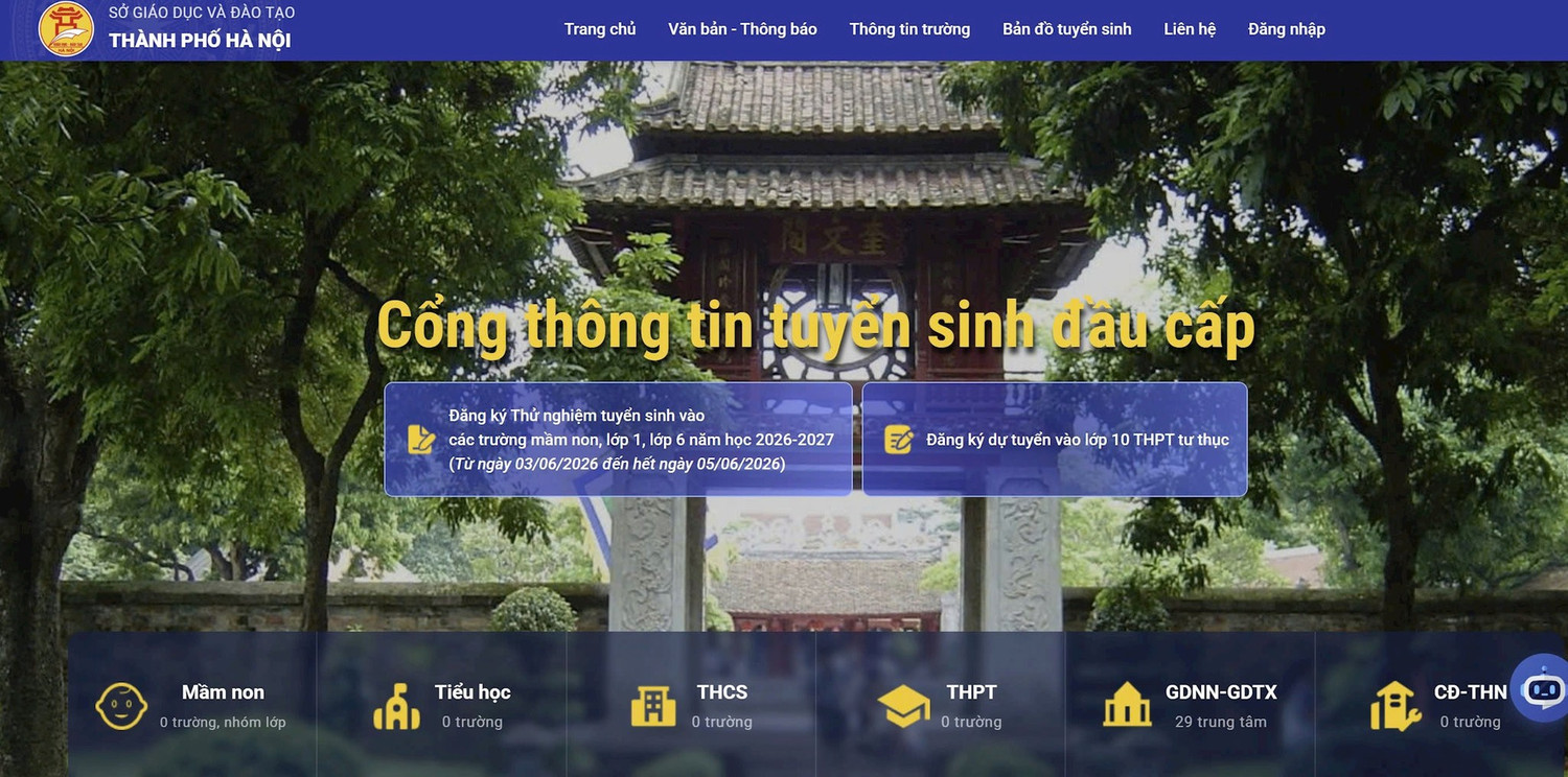 Cổng thông tin tuyển sinh đầu cấp của thành phố Hà Nội. Ảnh chụp màn hình