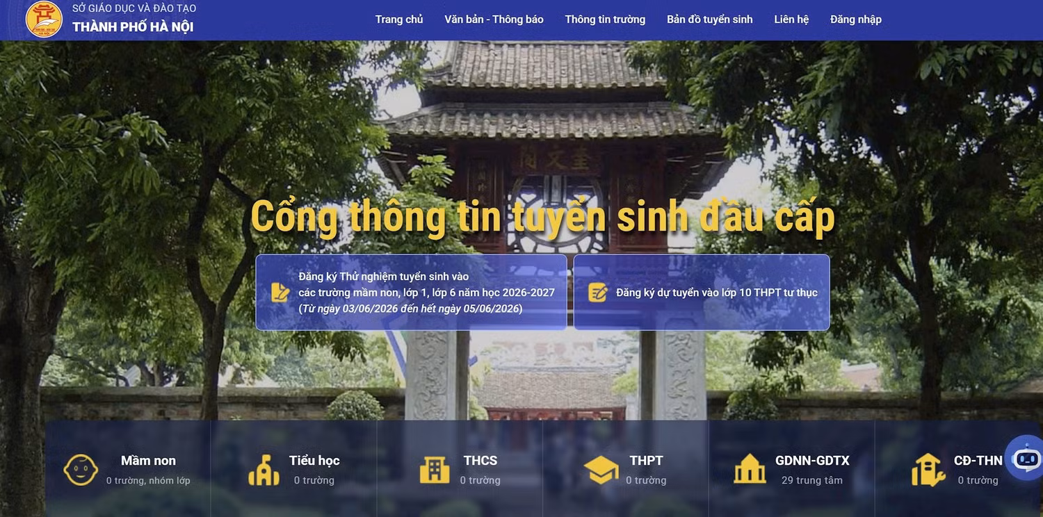 Cổng thông tin tuyển sinh đầu cấp của thành phố Hà Nội. Ảnh chụp màn hình