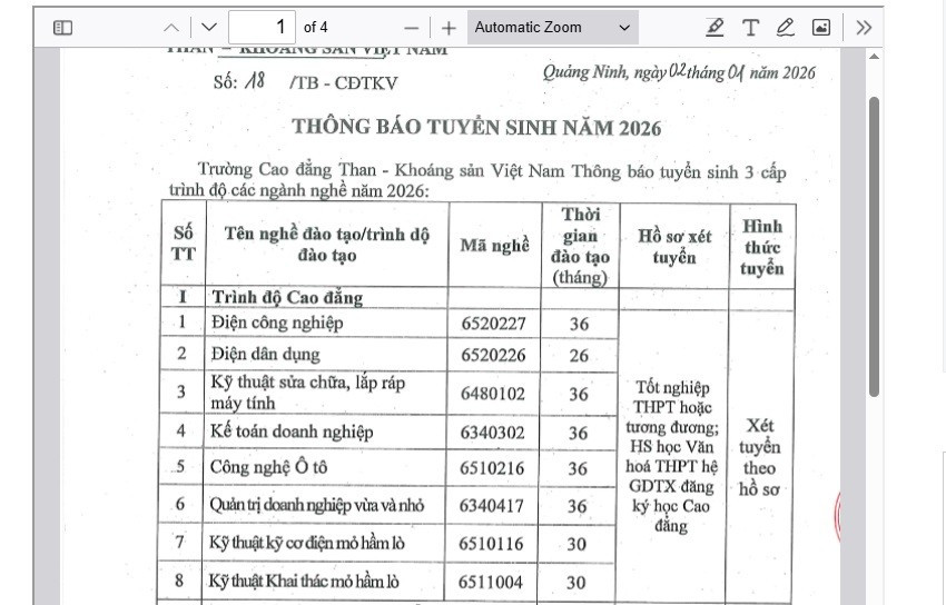 Các ngành/nghề đào tạo trình độ cao đẳng năm 2026 của Trường Cao đẳng Than - Khoáng sản Việt Nam. Ảnh chụp màn hình
