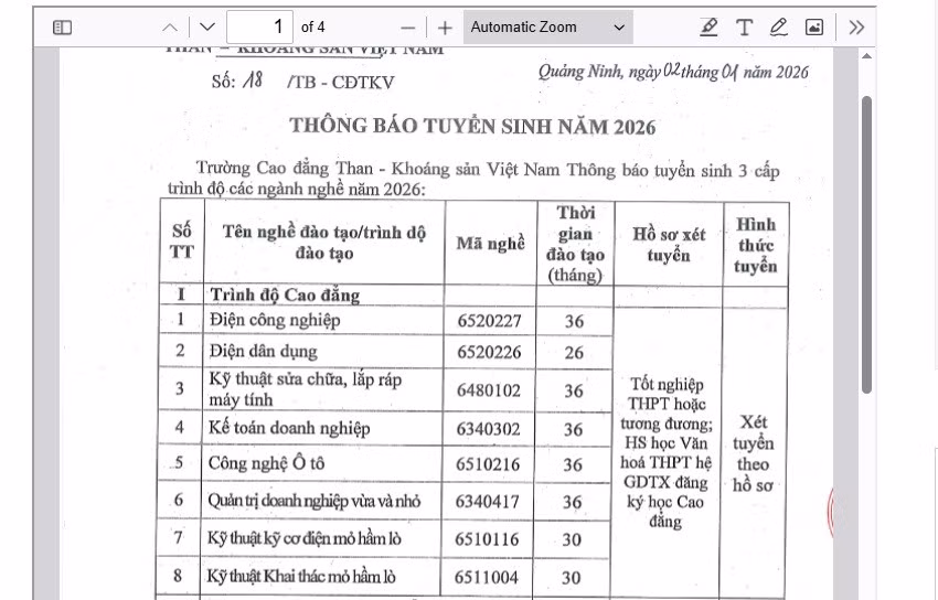 Các ngành/nghề đào tạo trình độ cao đẳng năm 2026 của Trường Cao đẳng Than - Khoáng sản Việt Nam. Ảnh chụp màn hình