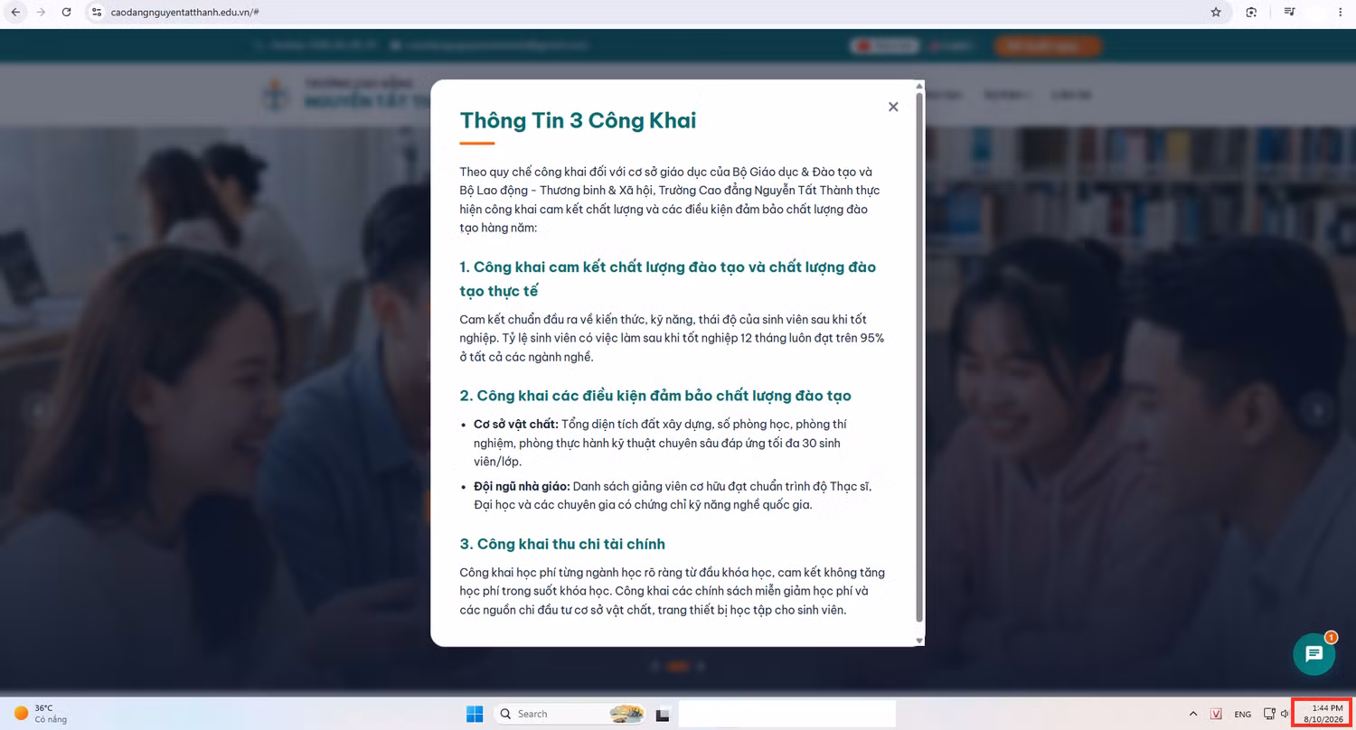 Thông tin 3 công khai của nhà trường ở thời điểm phóng viên ghi nhận ngày 10/8. Ảnh chụp màn hình.