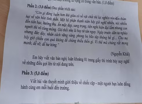 Phần 2, đề kiểm tra học kỳ 1 ngữ văn khối lớp 8 của học sinh quận 3 (ảnh: CTV)