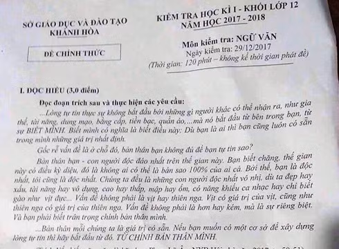 Trích đề kiểm tra học kỳ 1 môn Vân của học sinh khối 12, tỉnh Khánh Hòa nghi cũng bị lộ (ảnh: CTV)