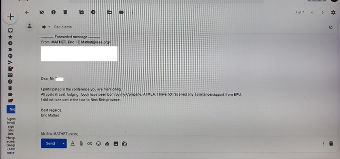 Một trong những email xác nhận không tham gia hội nghị của trường Đại học Điện Lực. Ảnh chụp màn hình.