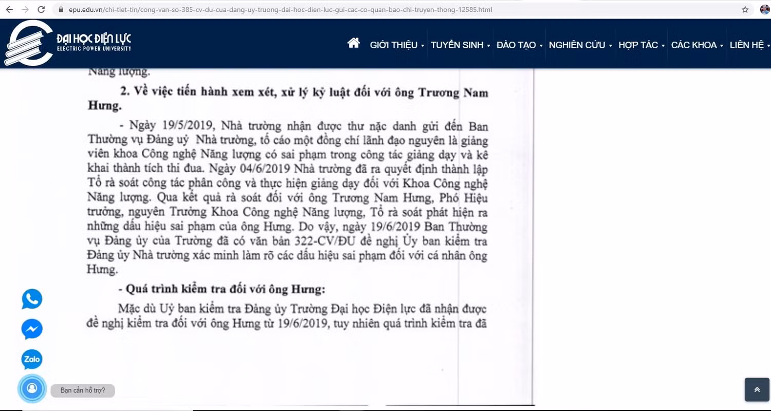 Văn bản trả lời của trường Đại học Điện Lực đăng tải trên website của nhà trường. (Ảnh chụp màn hình) Văn bản trả lời của trường Đại học Điện Lực đăng tải trên website của nhà trường. (Ảnh chụp màn hình)