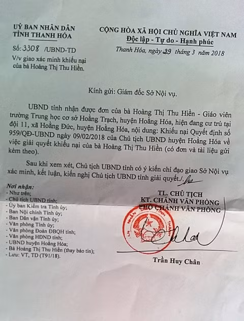 Chủ tịch tỉnh Thanh Hóa yêu cầu làm rõ, giải quyết đơn thư của cô Hoàng Thị Thu Hiền. Ảnh: Nhân Minh.