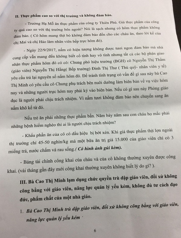 Những nội dung đơn thư tố cáo bà Cao Thị Minh, Hiệu trưởng Trường mầm non Hạ Mỗ, huyện Đan Phượng, Hà Nội. Ảnh: Nhân Minh.