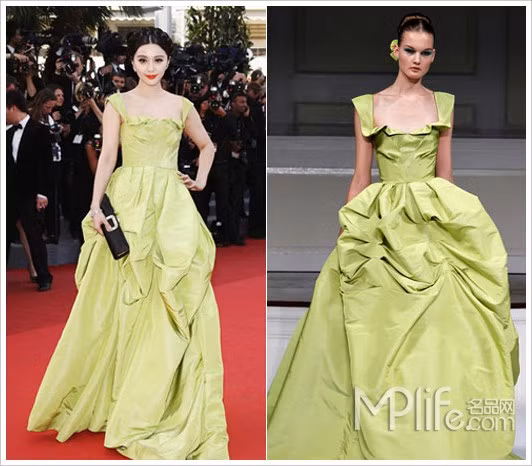 Thiết kế của Oscar de la Renta cổ điển, với trang phục rực rỡ màu cốm này, Phạm Băng Băng trông giống với một tiểu thư quý tộc Bourbon.