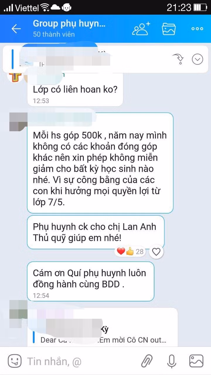 Tin nhắn Zalo đề nghị mỗi phụ huynh đóng 500.000 đồng, không miễn giảm cho học sinh nào (ảnh: phụ huynh cung cấp) Tin nhắn Zalo đề nghị mỗi phụ huynh đóng 500.000 đồng, không miễn giảm cho học sinh nào (ảnh: phụ huynh cung cấp)