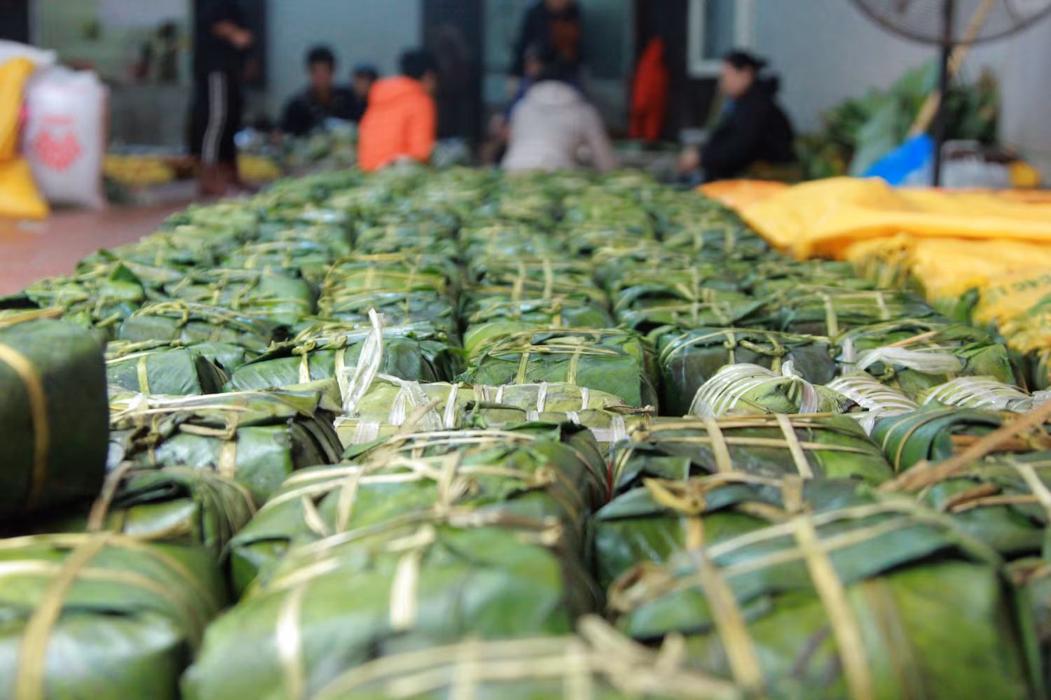 Ngay từ đầu cổng, hàng trăm chiếc bánh chưng đã được luộc chín xếp ngăn nắp trên giá gỗ. (Ảnh: Mạnh Đoàn) Ngay từ đầu cổng, hàng trăm chiếc bánh chưng đã được luộc chín xếp ngăn nắp trên giá gỗ. (Ảnh: Mạnh Đoàn)
