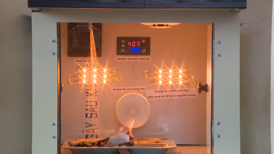 Mô hình thiết bị báo và chữa cháy tự động do nhóm nữ sinh Phương Linh sáng chế (Ảnh: CTV) Mô hình thiết bị báo và chữa cháy tự động do nhóm nữ sinh Phương Linh sáng chế (Ảnh: CTV)