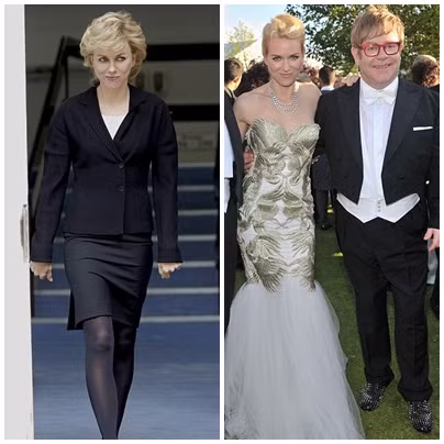 Naomi Watts vận một trang phục đen với mái tóc vàng óng cắt ngắn trông cực giống với Công nương Diana (trái). Naomi Watts bên cạnh nam ca sĩ Elton John.