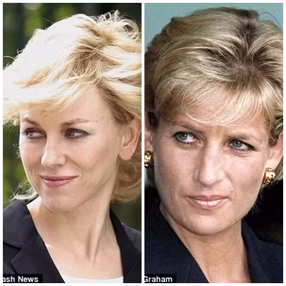 Naomi Watts (trái) sau khi đã được các nhà hóa trang "phù phép" thành Công nương Diana thời điểm năm 1997, khi bà ở Angola. >Ngắm ảnh Naomi Watts tuyệt đẹp trong tạo hình Công nương Diana