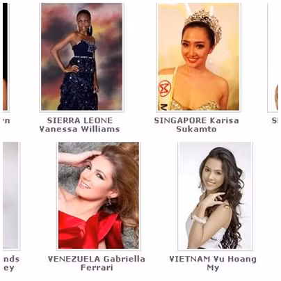 Danh sách ứng viên Hoa hậu Thế giới 2012 trên trang Global Beauties với Sukamto của Singapore (ảnh trên) và đại diện Việt Nam Vũ Hoàng My (dưới bên phải). Ảnh. Global Beauties.