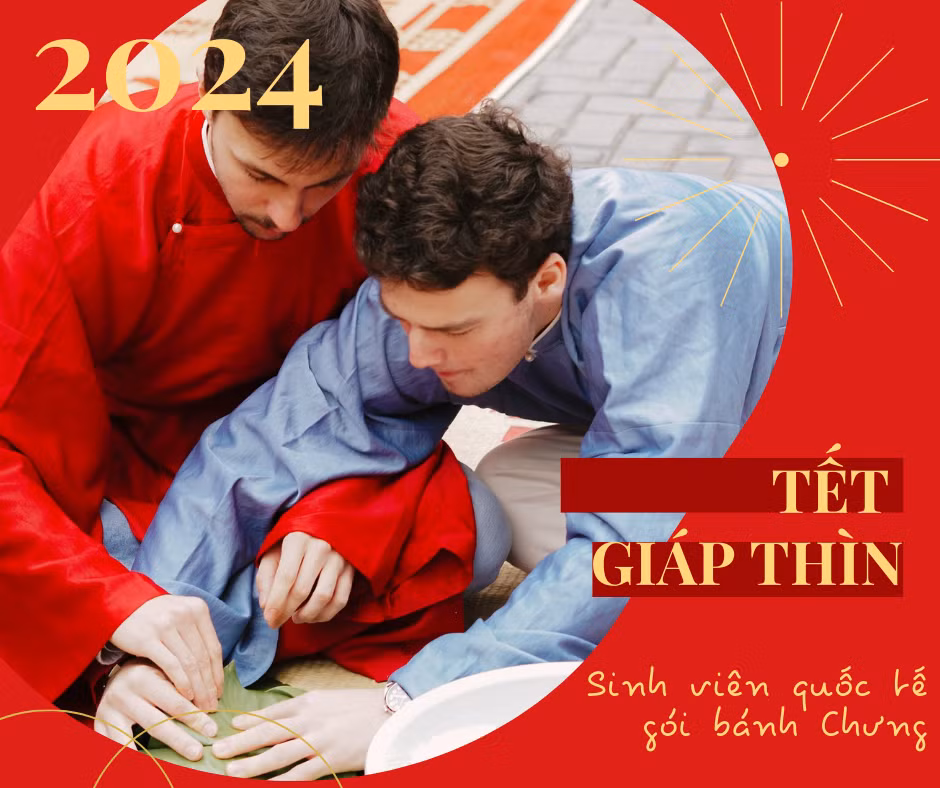 Sinh viên quốc tế tham gia gói bánh Chưng tại Trường Đại học Ngoại Thương.